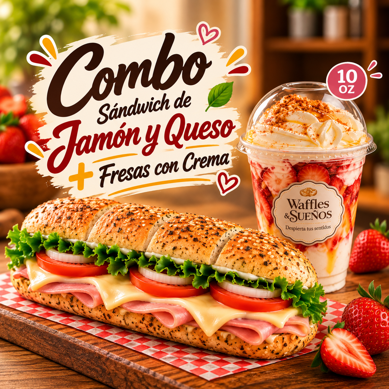 Combo Sándwich de Jamón y Queso + 🍓Fresas con Crema 10 Oz